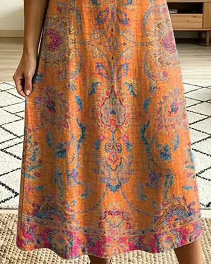Vintage floral print A-line midi dress for women | Marisela