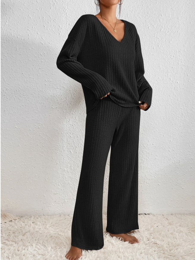 Ribbed knitted V-neck matching set for women | Kathy