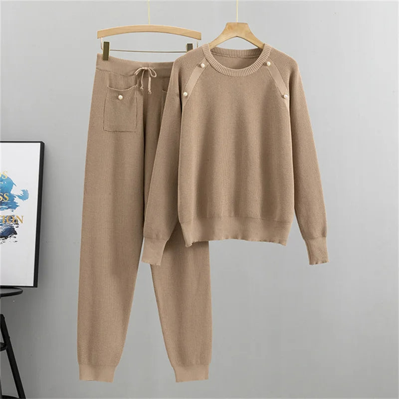 Pearl-accent knit lounge set | Elara