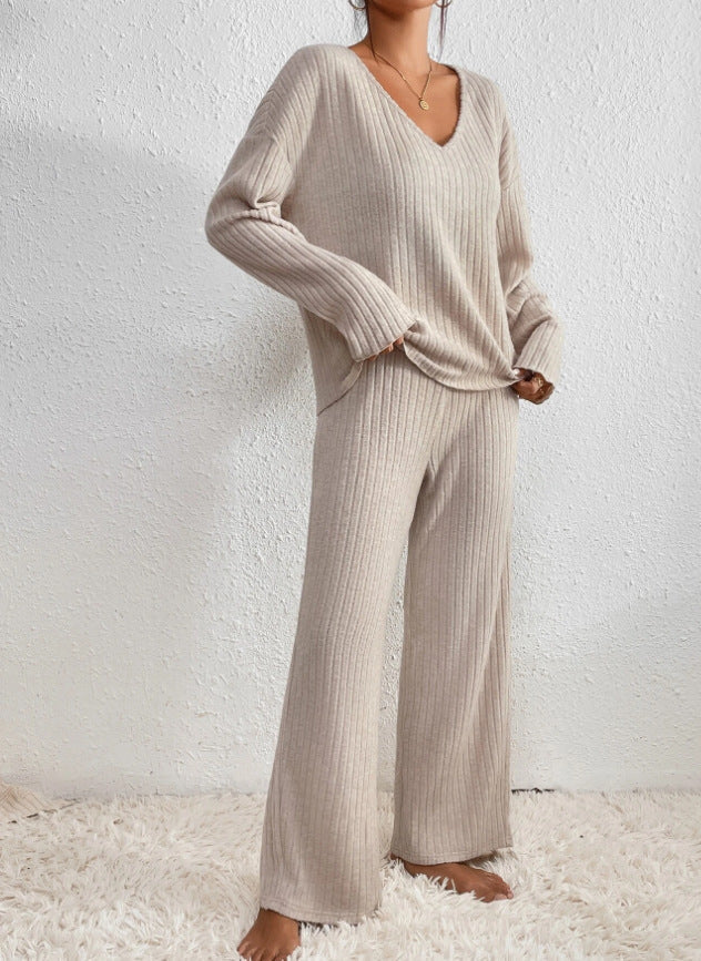 Ribbed knitted V-neck matching set for women | Kathy