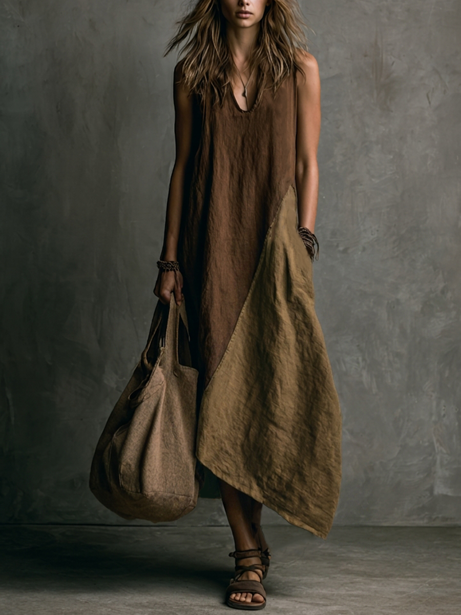 Brown and khaki patchwork asymmetrical maxi dress for women | Marisela