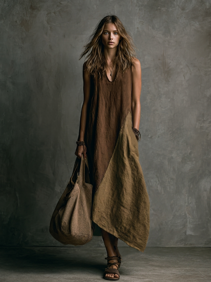 Brown and khaki patchwork asymmetrical maxi dress for women | Marisela