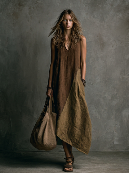 Brown and khaki patchwork asymmetrical maxi dress for women | Marisela