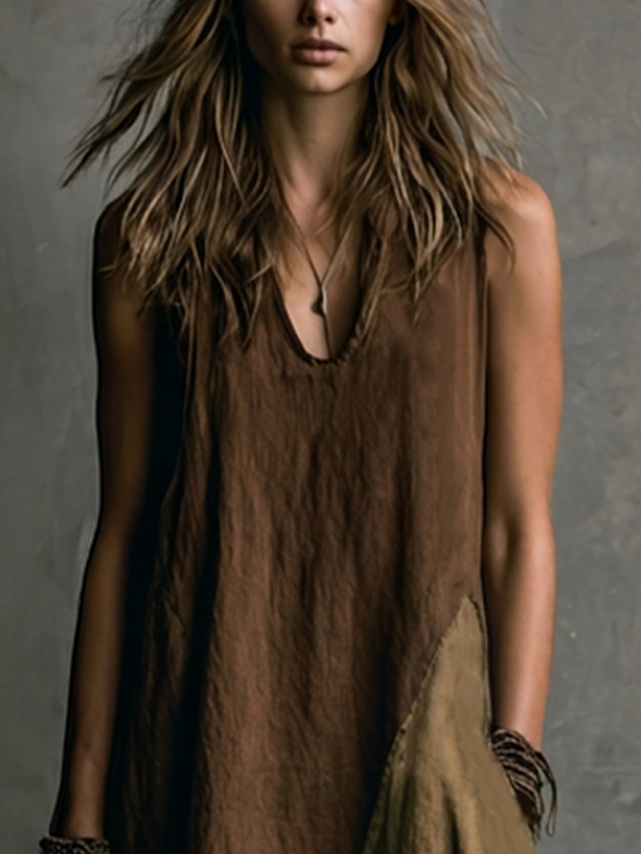 Brown and khaki patchwork asymmetrical maxi dress for women | Marisela