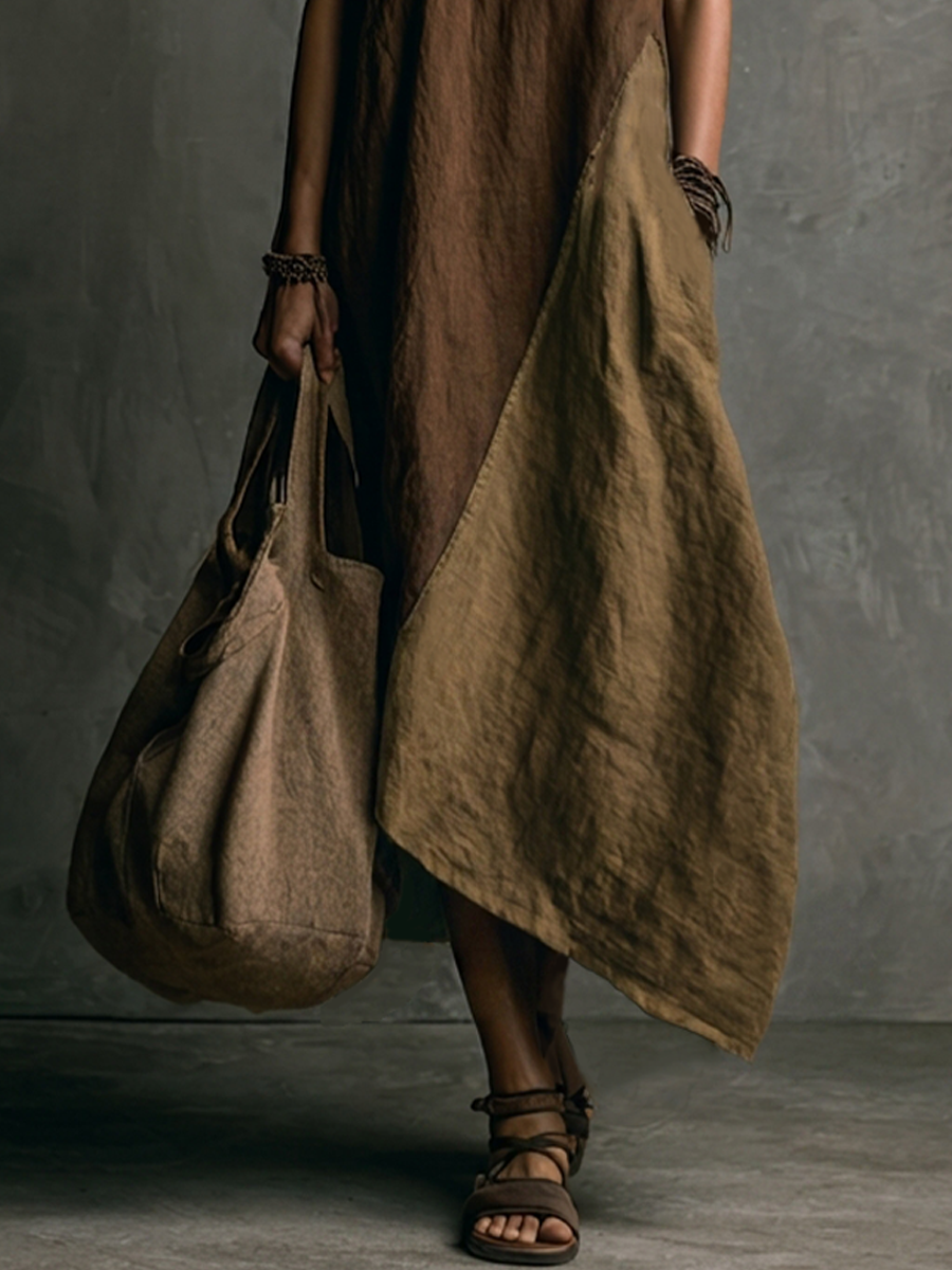Brown and khaki patchwork asymmetrical maxi dress for women | Marisela