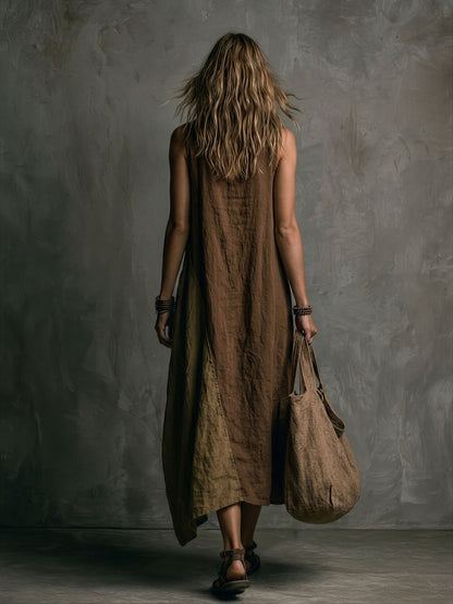 Brown and khaki patchwork asymmetrical maxi dress for women | Marisela