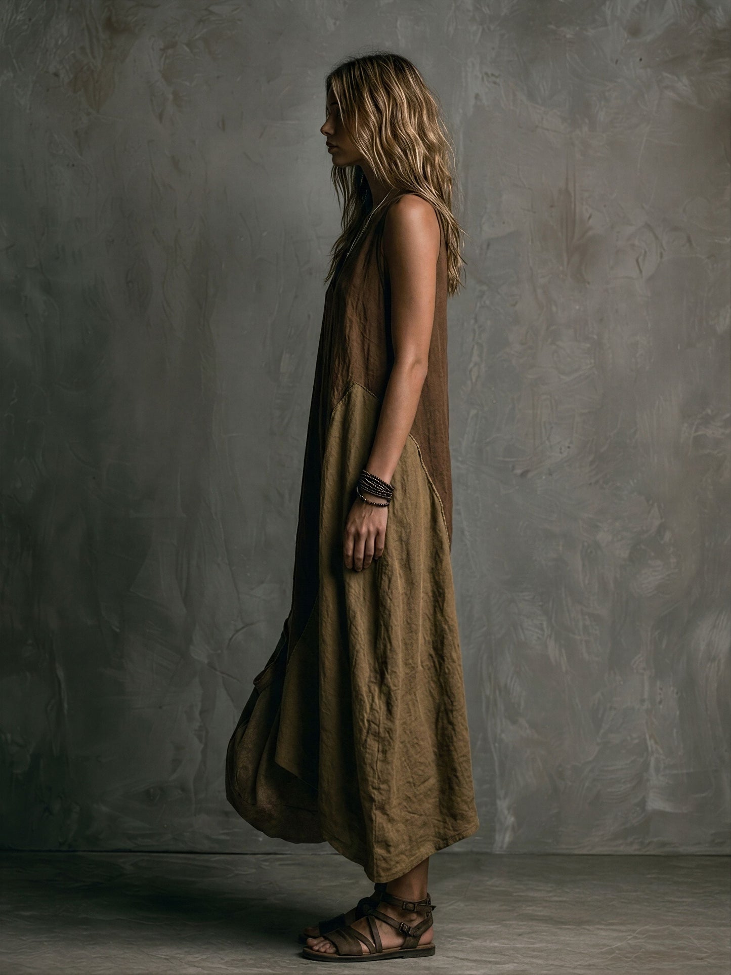 Brown and khaki patchwork asymmetrical maxi dress for women | Marisela