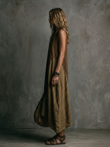 Brown and khaki patchwork asymmetrical maxi dress for women | Marisela
