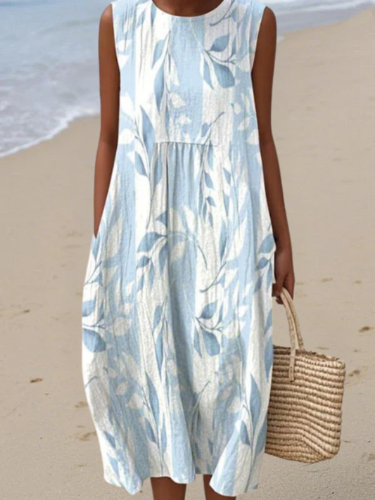 Sleeveless leafy print everyday midi dress for women | Joy