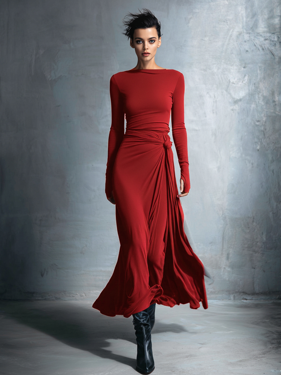 Elegant gray wrap maxi dress with knot detail for women | Elara