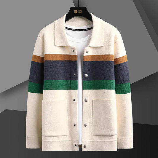 Striped varsity knit jacket with button-up front | Arden