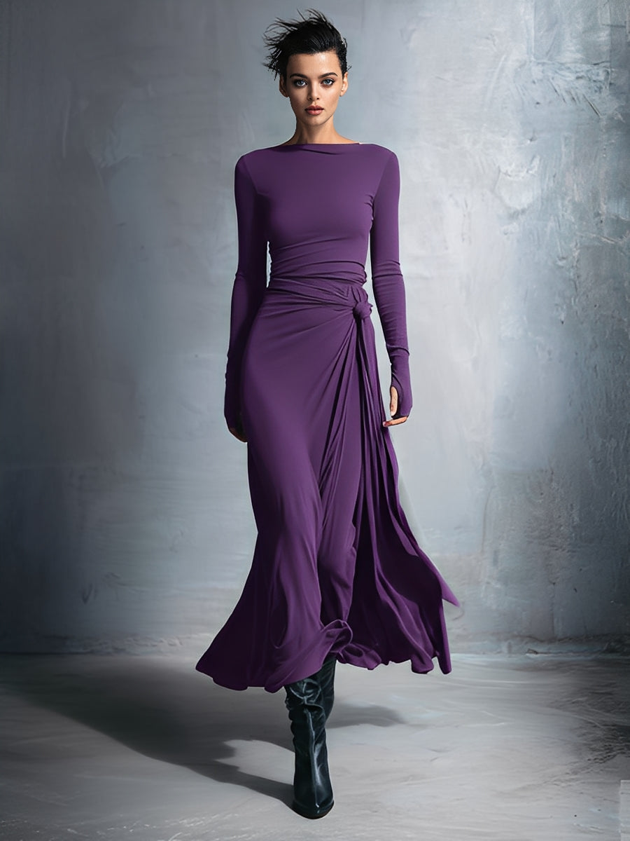 Elegant gray wrap maxi dress with knot detail for women | Elara