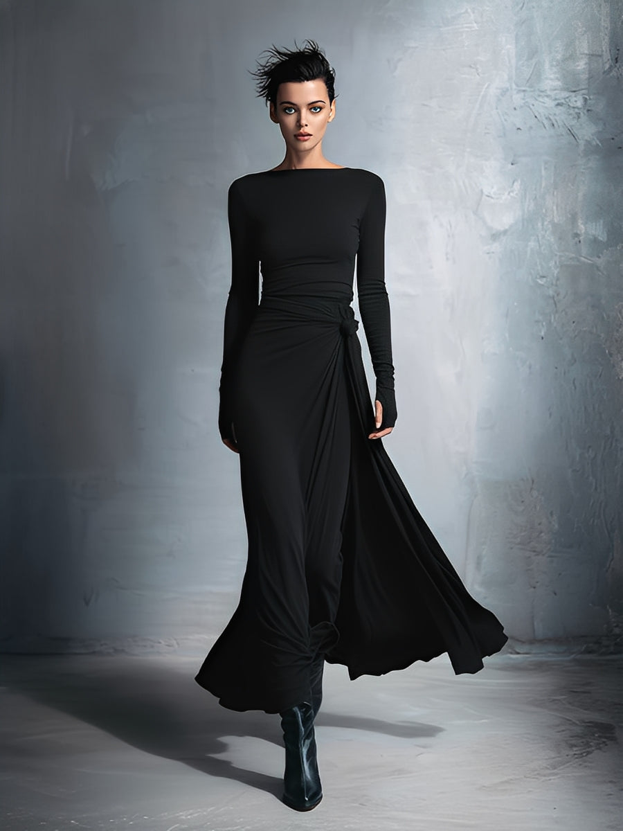 Elegant gray wrap maxi dress with knot detail for women | Elara