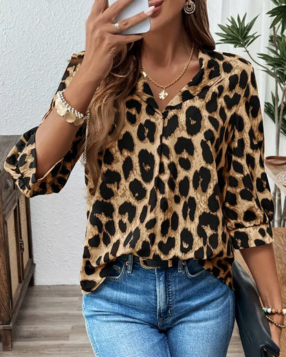 Leopard print lapel collar cotton blouse for women | Rosalyn