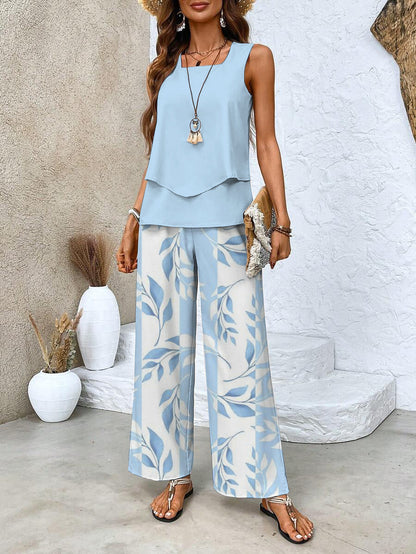 Leaf print sleeveless top wide leg pant matching set for women | Marisela