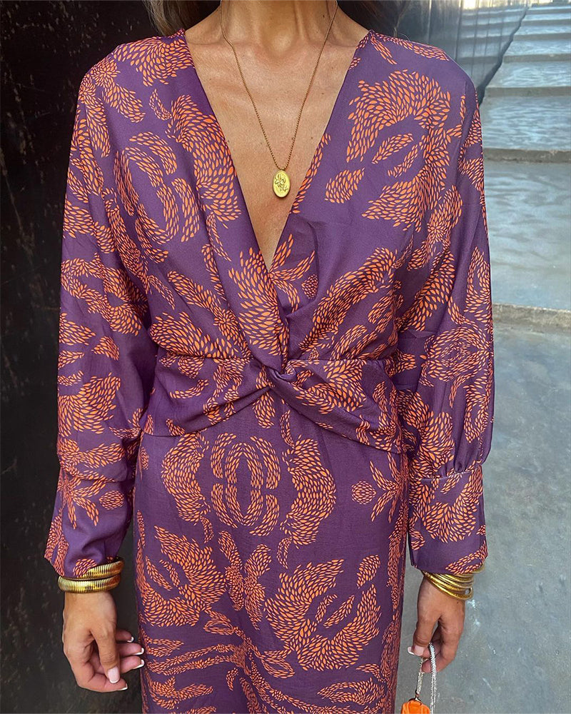 Divya | Women's V Neck Printed Midi Dress