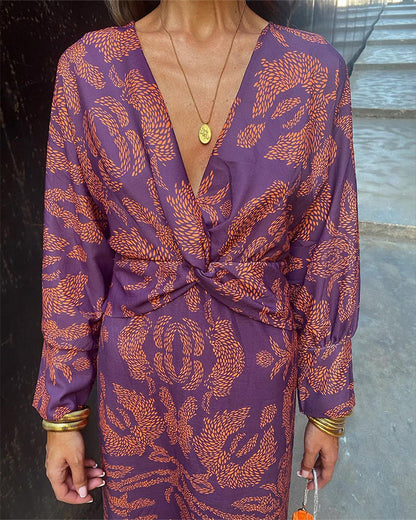 Divya | Women's V Neck Printed Midi Dress