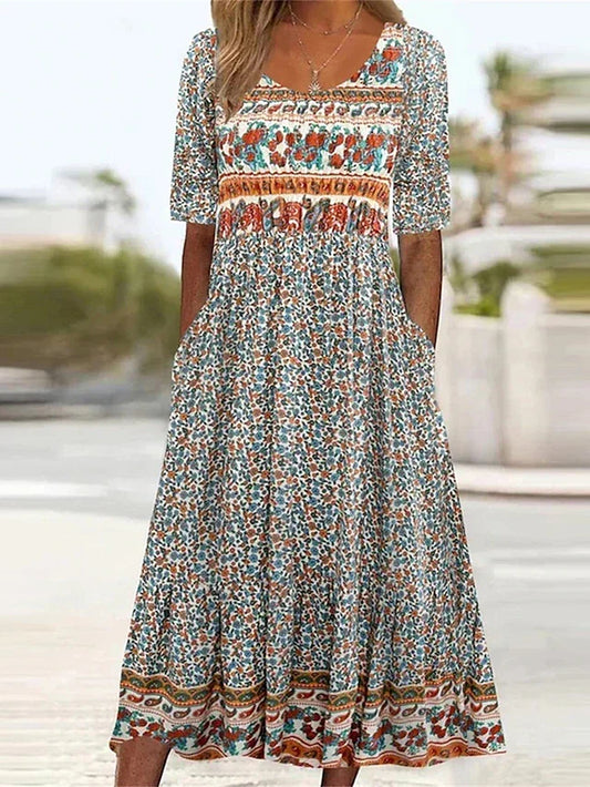 Boho print square neck shirred tiered midi dress for women | Marisela