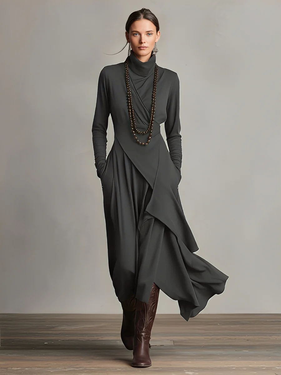 Bohemian draped turtleneck maxi dress for women | Elowen