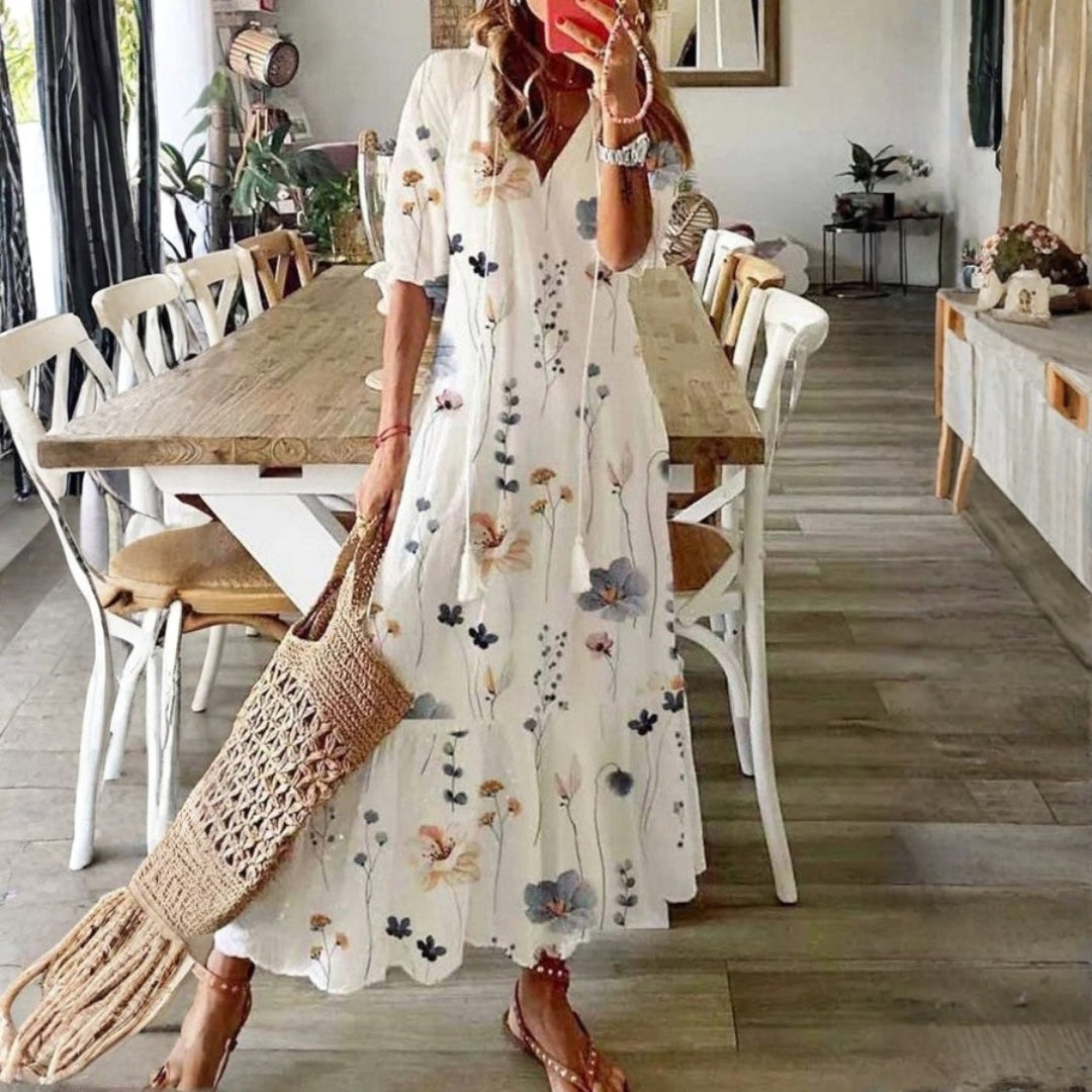 Floral boho short sleeve midi dress for women | Marisela