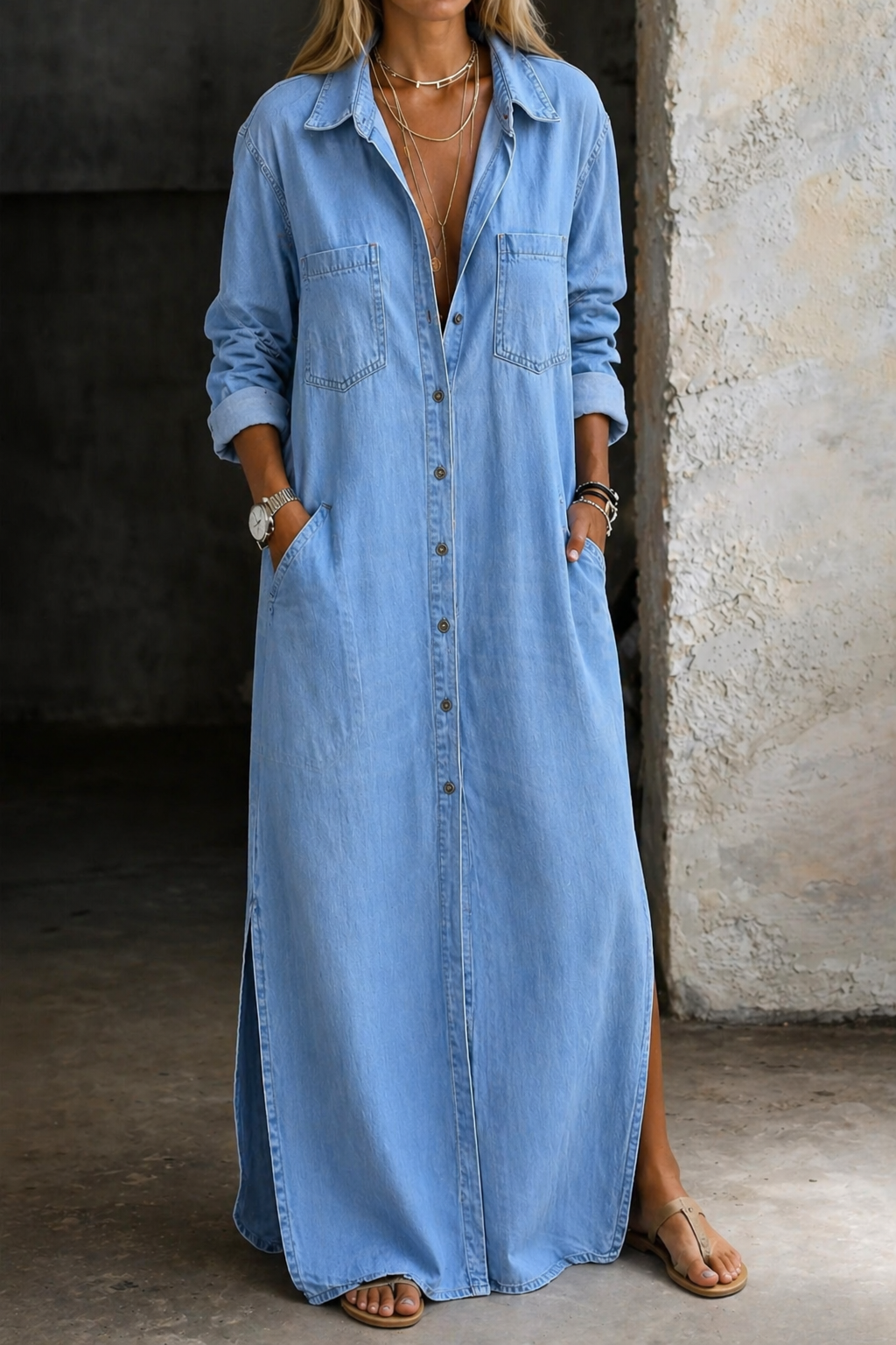 Rhevara | Women's Relaxed Button Front Maxi Shirt Dress
