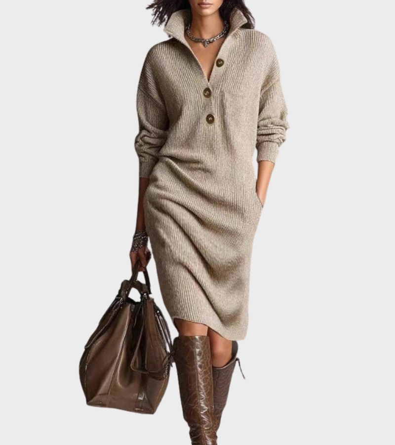 Margaux | Women's High Collar Button Front Knit Dress