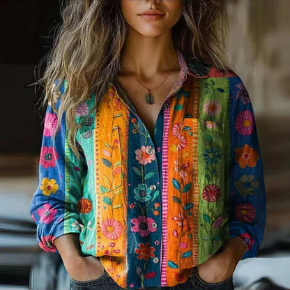 Bohemian vintage floral collared button-front long sleeve blouse for women | Marisela