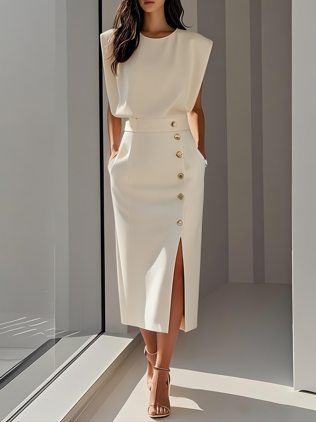 Round neck button slit structured midi dress for women | Marisela