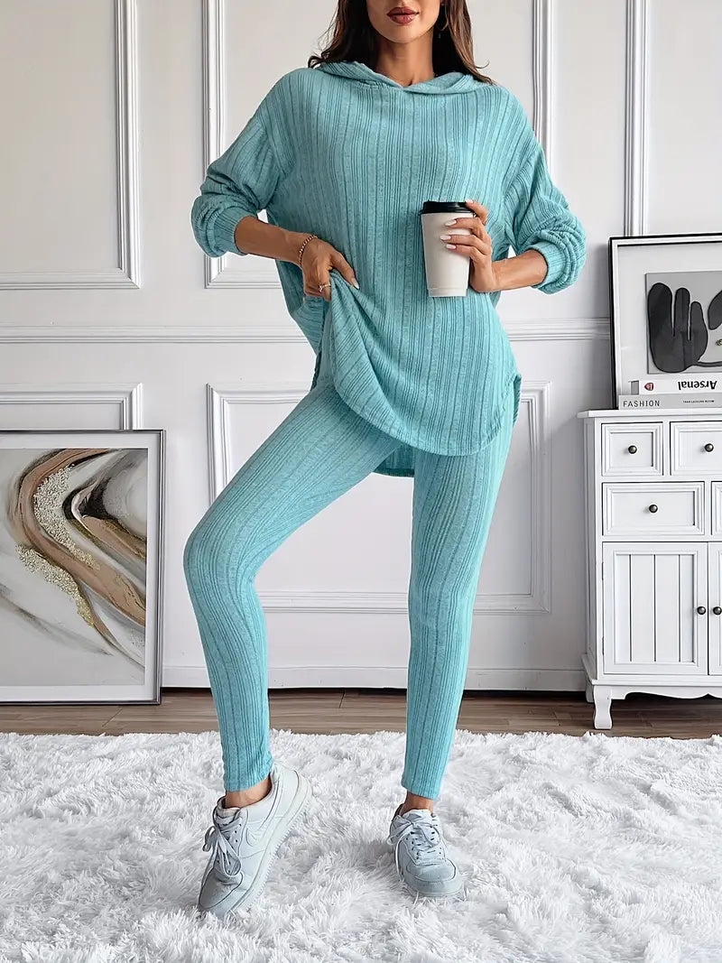 Ribbed knit lounge set with oversized hooded top | Lyra