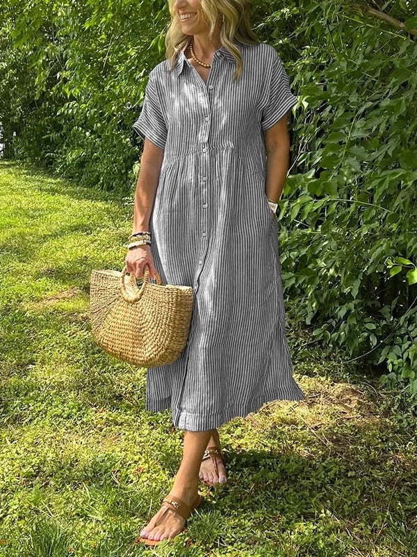 Striped button-up collar short sleeve gathered waist midi dress for women | Marisela