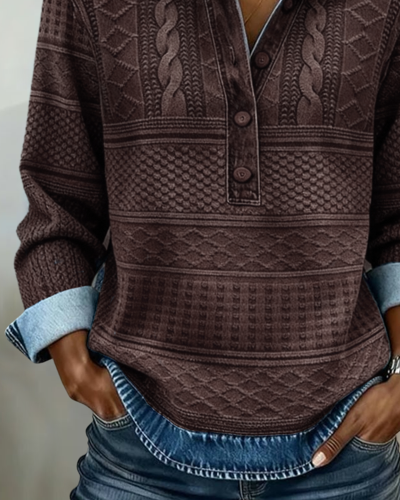 Chic Half-Button Sweatshirt with Denim Collar for Women | Elara