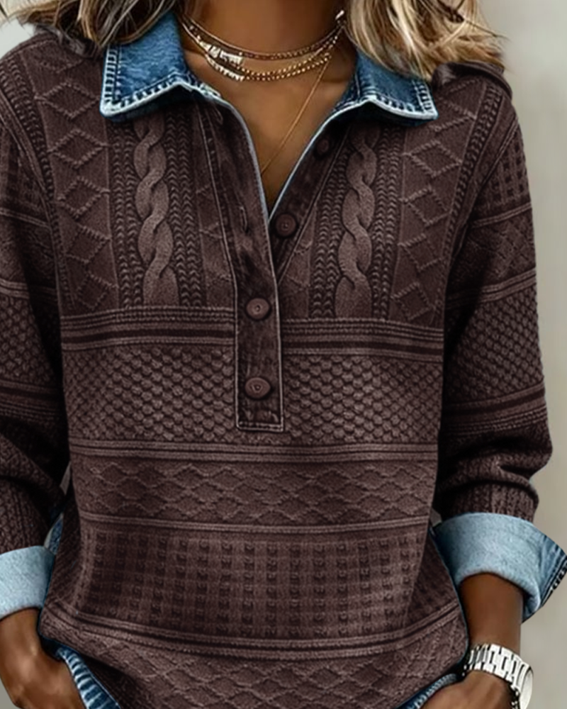 Chic Half-Button Sweatshirt with Denim Collar for Women | Elara