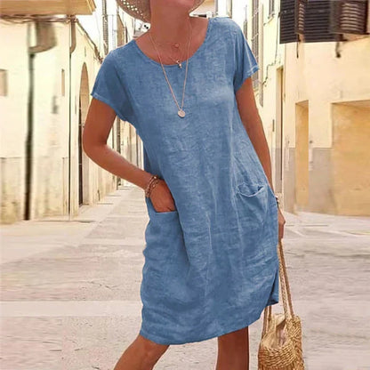 Cotton linen relaxed fit pocket midi dress for women | Marisela
