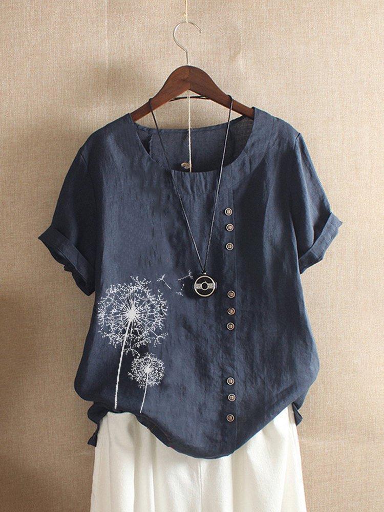 Dandelion print button detail cotton top for women | Fenella