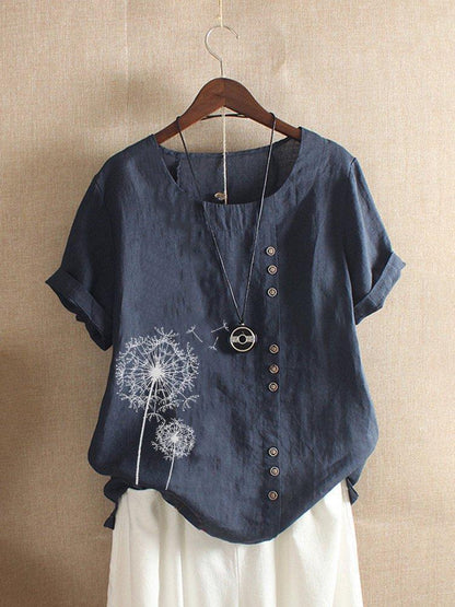 Dandelion print button detail cotton top for women | Fenella