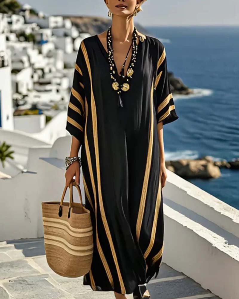 Striped V-neck loose fit maxi dress for women | Marisela
