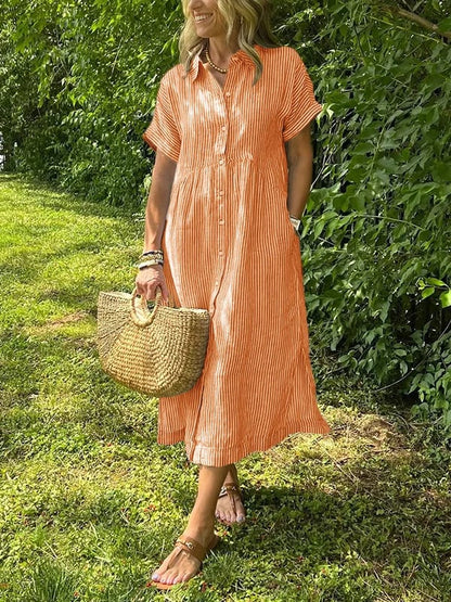 Striped button-up collar short sleeve gathered waist midi dress for women | Marisela