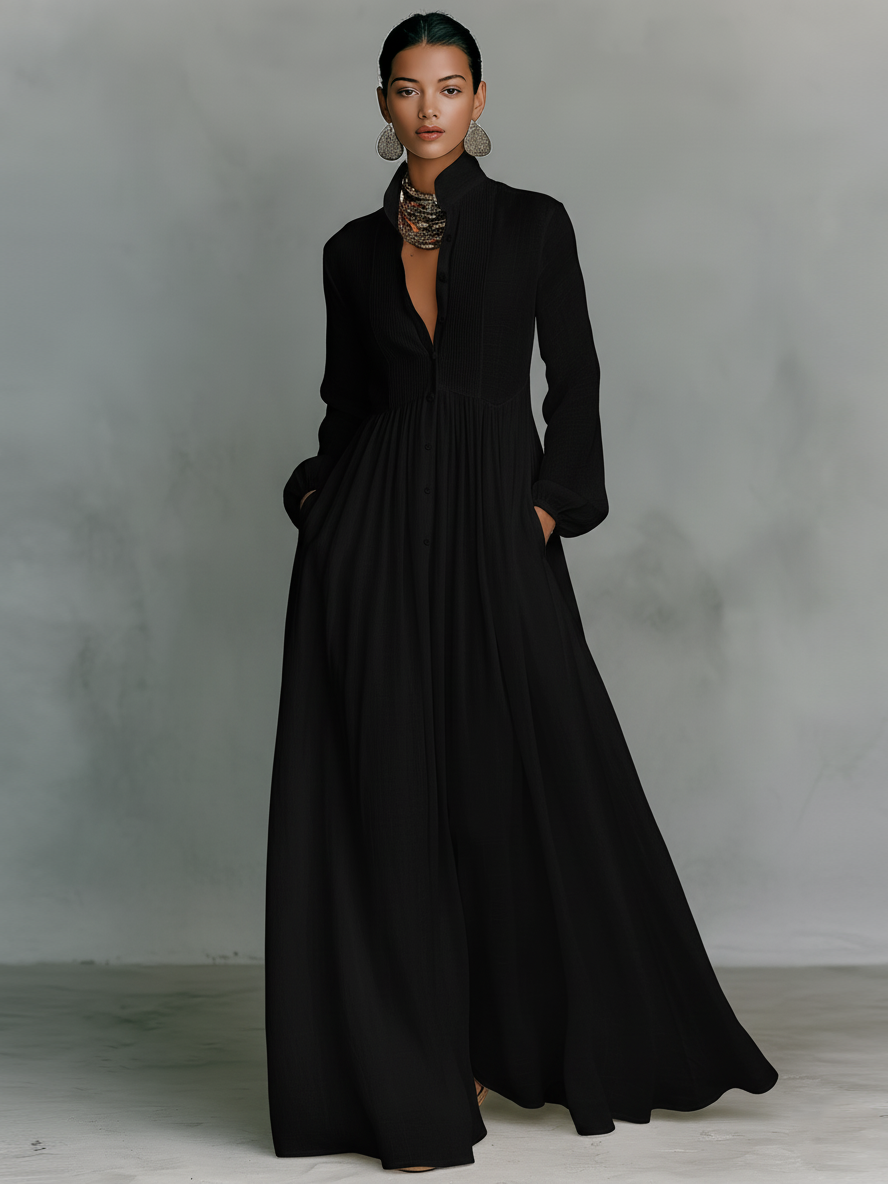 Minimalist stand-collar patchwork maxi dress for women | Aveline