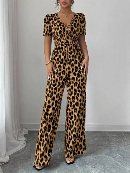 Evelisse | Women's Animal Print Wrap Neck Wide Leg Jumpsuit