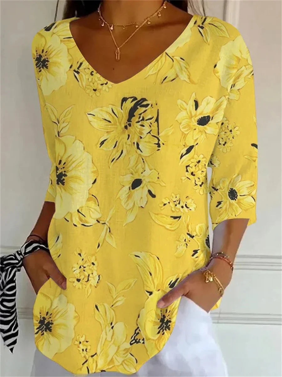 Vintage floral print V-neck T-shirt for women | Marisela