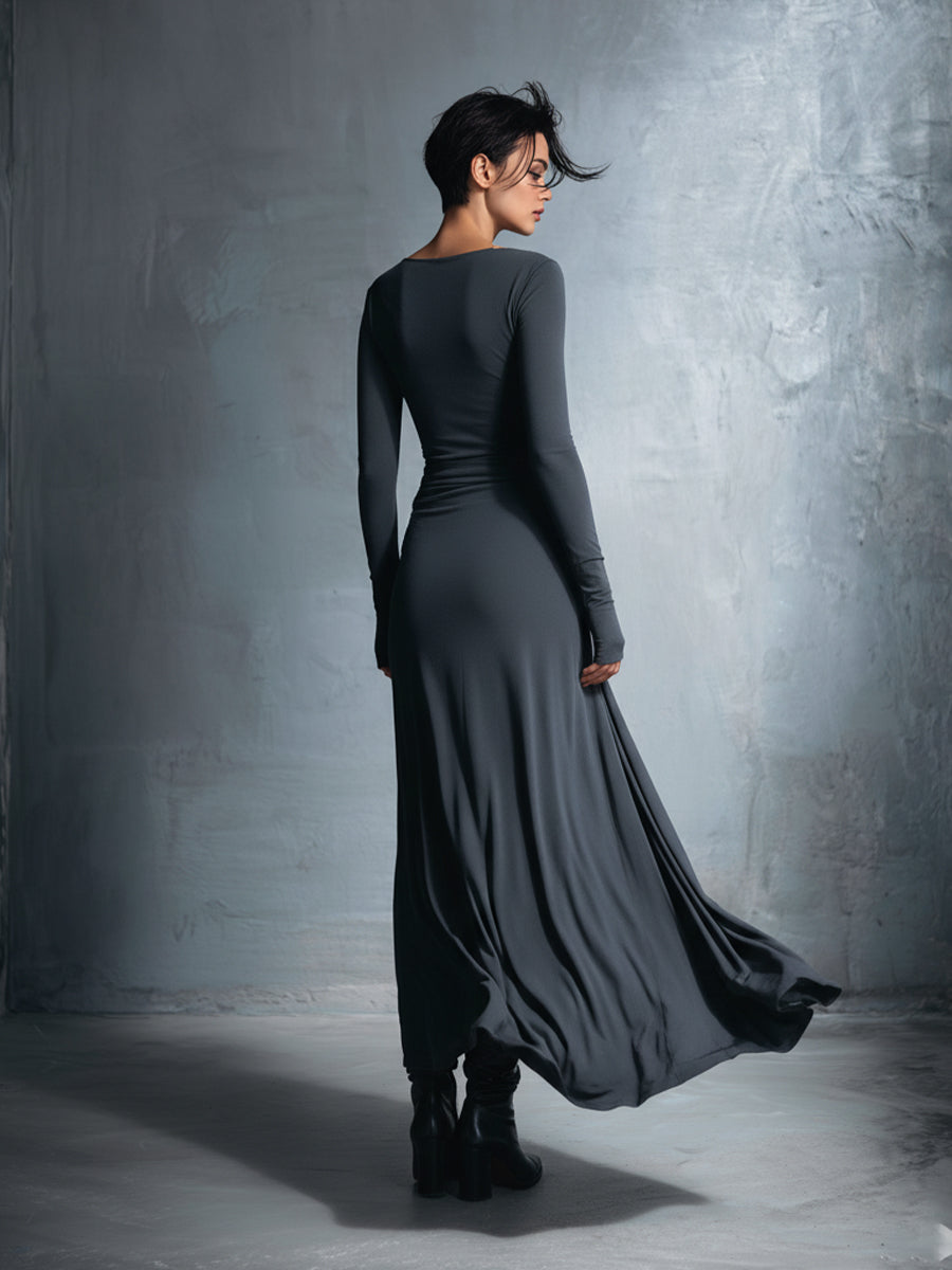 Elegant gray wrap maxi dress with knot detail for women | Elara
