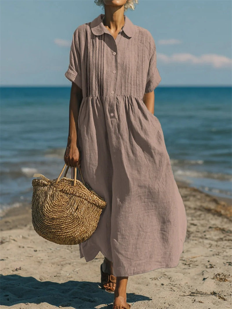 Casual button-front mid sleeve relaxed dress for women | Fionna