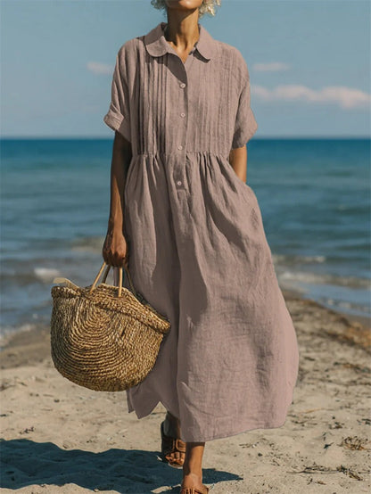 Casual button-front mid sleeve relaxed dress for women | Fionna