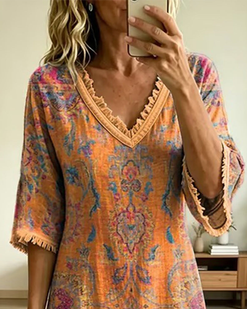 Vintage floral print A-line midi dress for women | Marisela