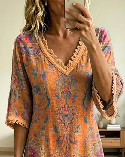 Vintage floral print A-line midi dress for women | Marisela
