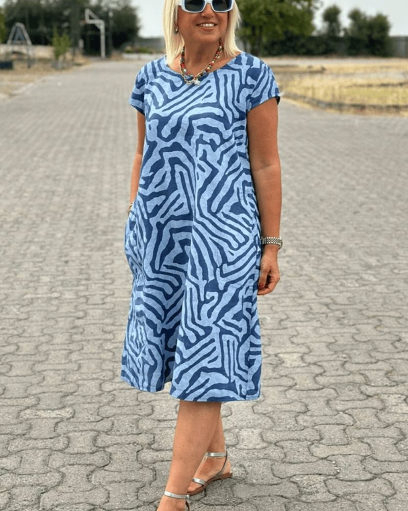 Relaxed round-neck patterned everyday dress for women | Nelia