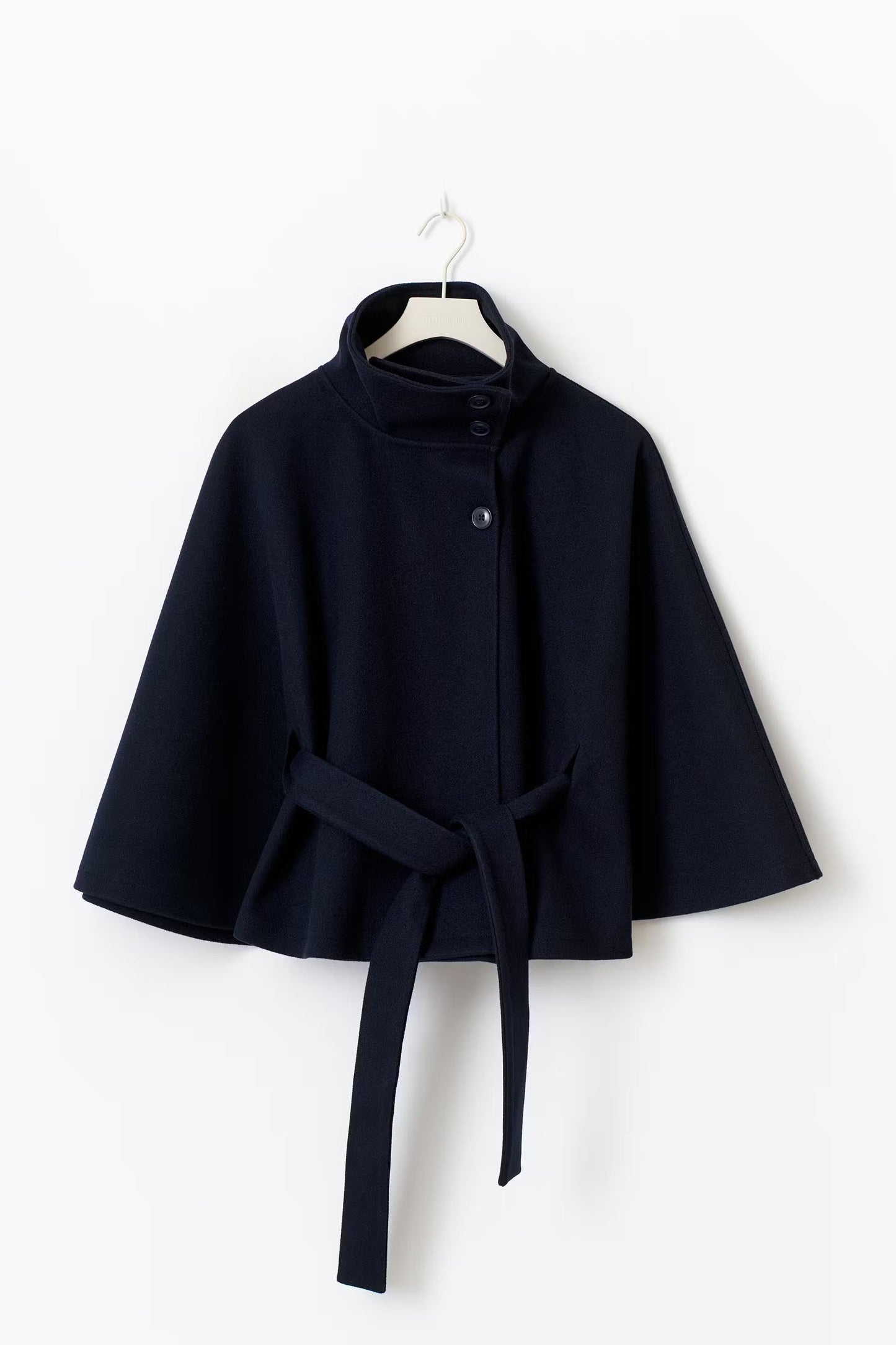 Long belted coat with high collar and relaxed elegance for women | Elvire