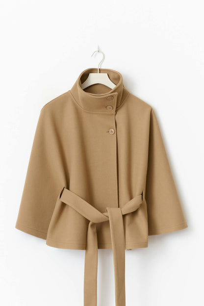 Long belted coat with high collar and relaxed elegance for women | Elvire
