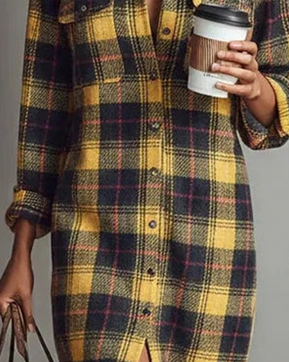 Marova | Women's Checkered Shirt Collar Knee Length Dress