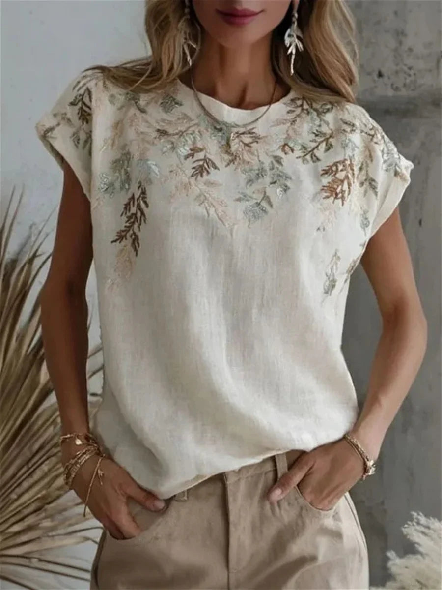 Vintage leaf print round neck T-shirt for women | Fenella